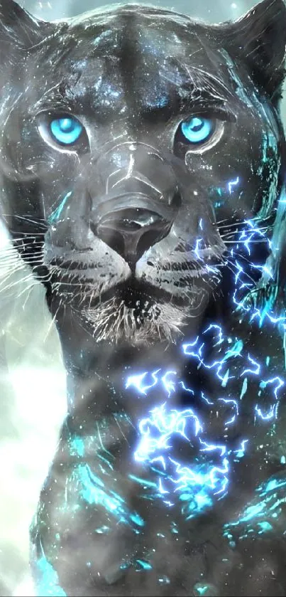 A mystical black panther with glowing blue eyes and accents on a digital art background.