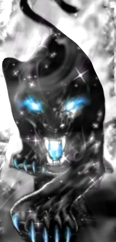 Ethereal black panther with glowing blue eyes and sparkling claws.