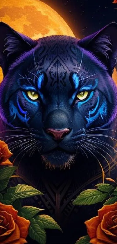 Mystical panther with glowing eyes against an orange moon and floral background.