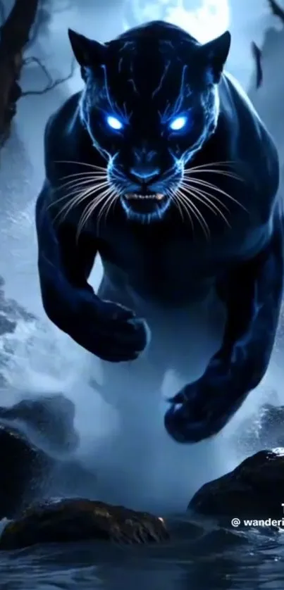 Mystical panther glowing in dark forest.
