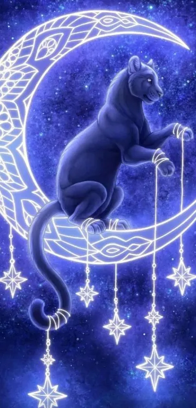 Panther on a crescent moon with stars in a fantasy night sky.