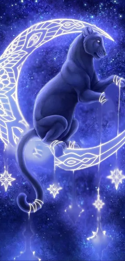 Mystical panther on crescent moon with stars in a blue night sky