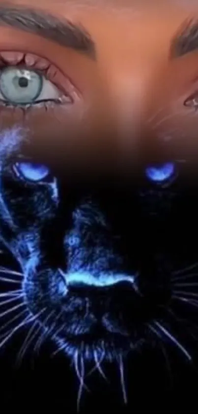 Mystical panther with neon blue eyes and human features wallpaper.