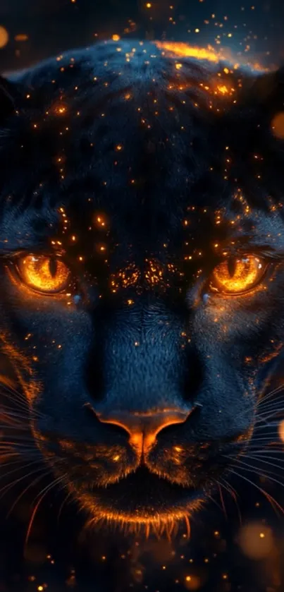 Enigmatic panther with glowing orange eyes.