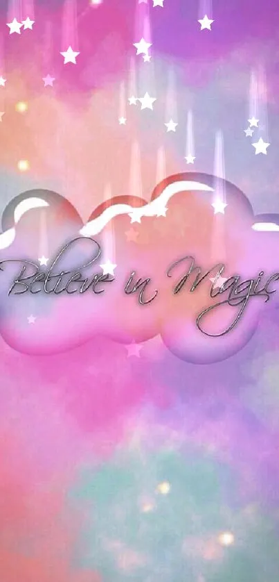 Pastel cloud with 'Believe in Magic' text on mobile wallpaper.