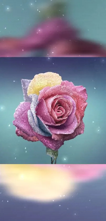 Mystical pastel rose with galaxy background on phone wallpaper.