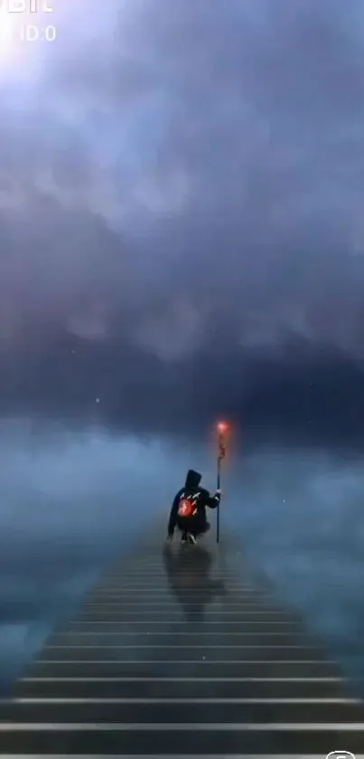 A mystical stairway leading into a dramatic, cloudy sky with a lone figure holding a torch.