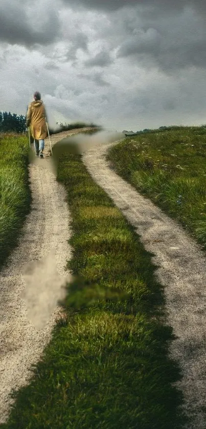 A person walks along a mystical dirt path under a cloudy sky in lush nature.