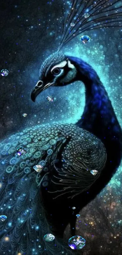 A mystical peacock with vibrant blues and a celestial background, perfect for mobile wallpaper.