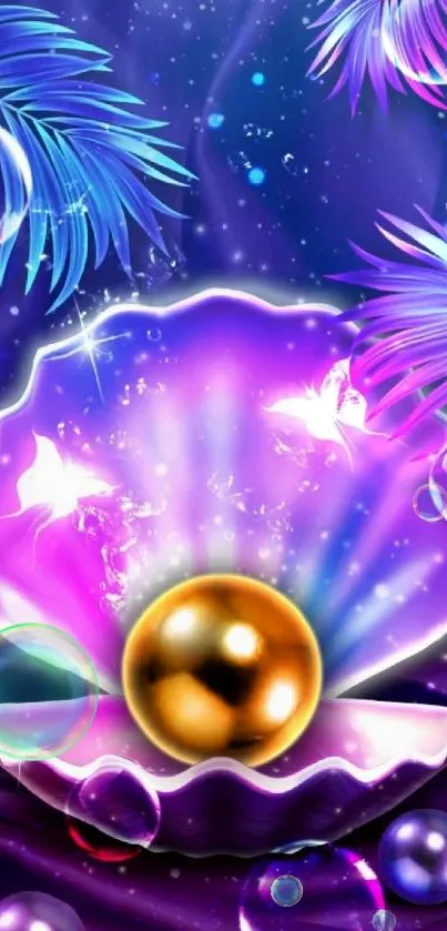 Mystical pearl in vibrant shell with cosmic background.