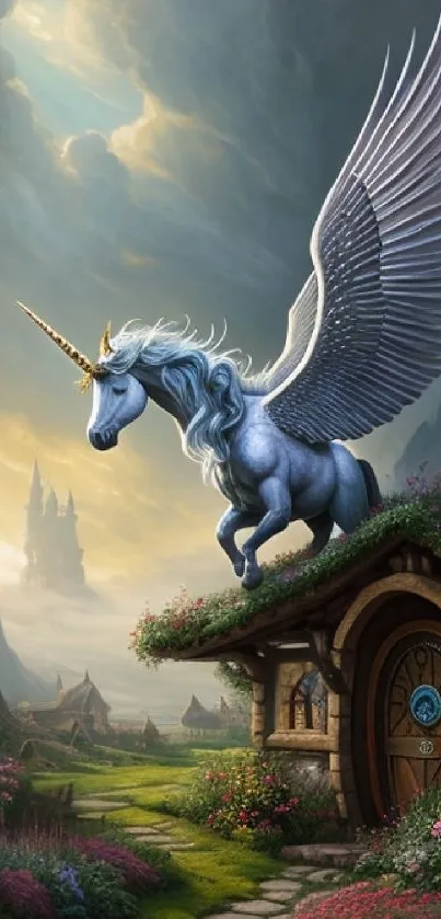 A pegasus flies above a magical village landscape.