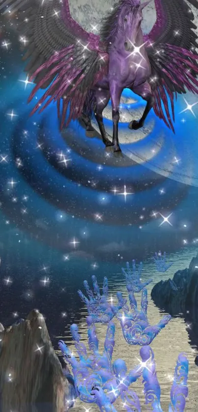 Purple winged Pegasus in a cosmic night sky filled with stars.