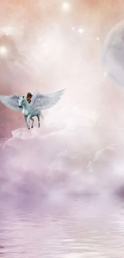 Majestic Pegasus flying over pink clouds in a dreamy celestial landscape.