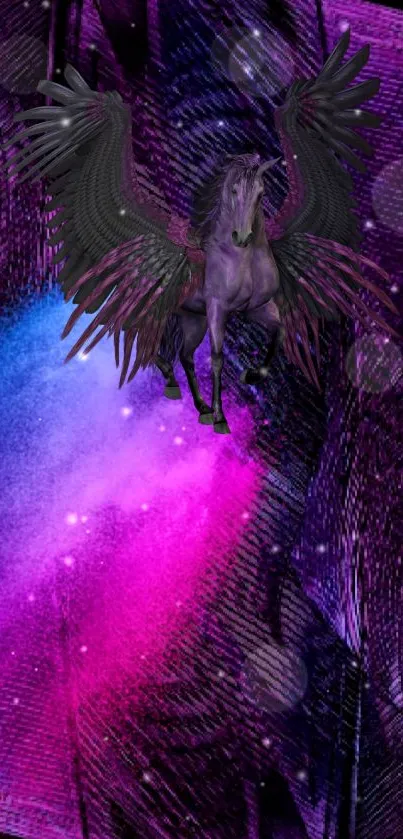 Vibrant purple Pegasus with wings on cosmic background.