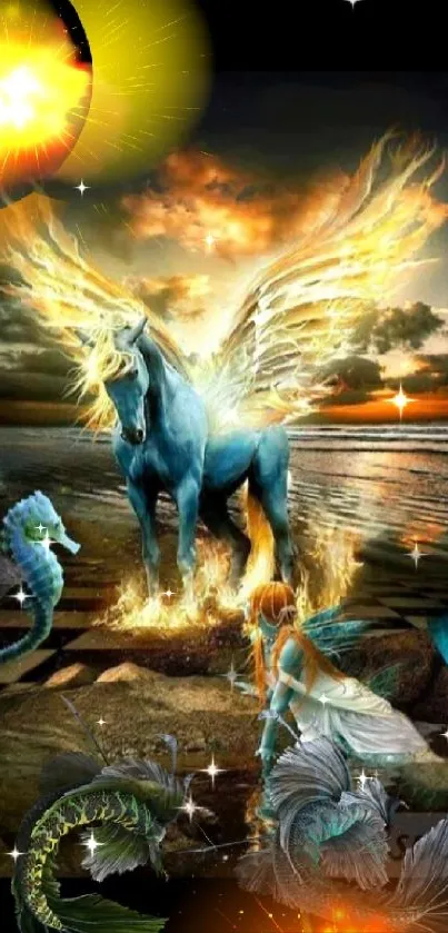 Mystical pegasus in a fiery fantasy landscape with magical creatures.