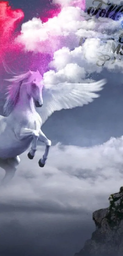 Mystical Pegasus flying in dark cloudscape.