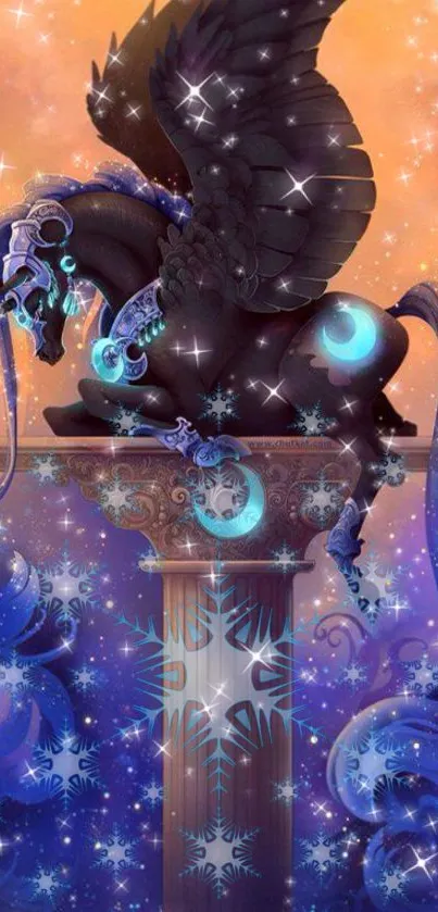 Mystical black pegasus with blue accents on a column under a starry orange sky.