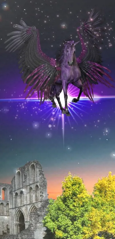 Purple Pegasus flying in starry sky with ruins and trees.