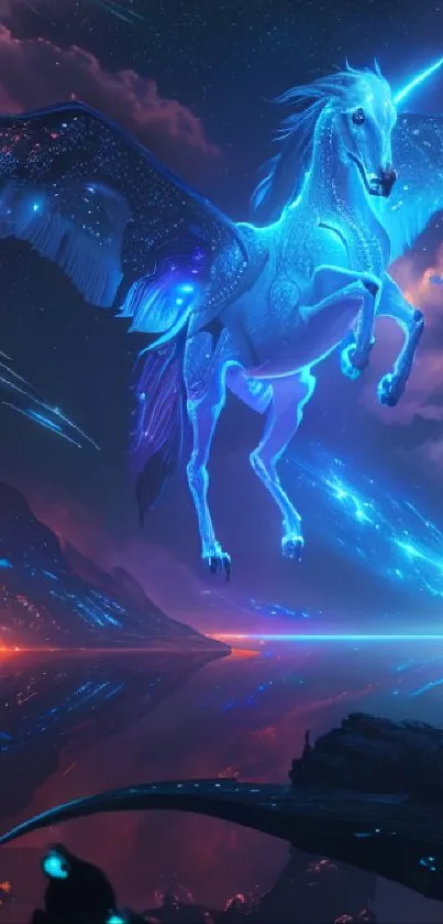 Glowing Pegasus in a cosmic fantasy landscape with vivid colors.
