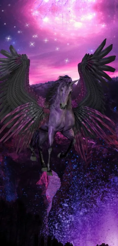 Majestic Pegasus soaring in a purple galaxy.