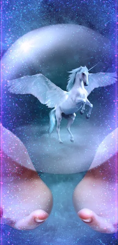 Pegasus encased in a crystal sphere held by floating hands.