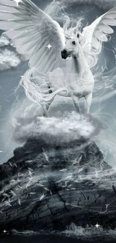 A mystical Pegasus flying through a dreamy cloudscape.