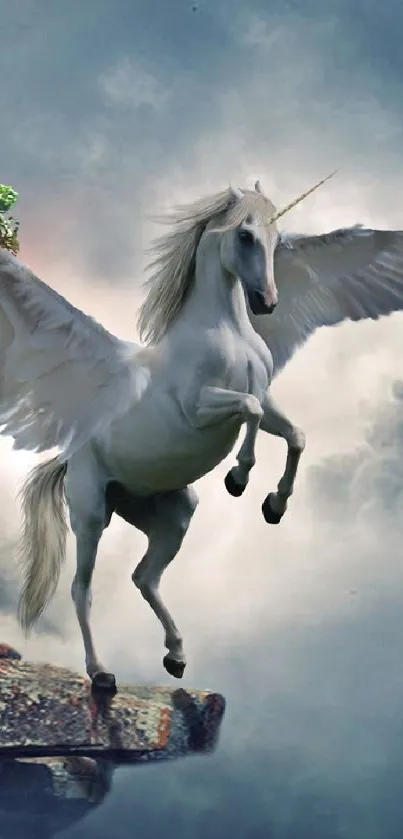 Mystical pegasus flying over a cliff with a tree and cloudy sky.