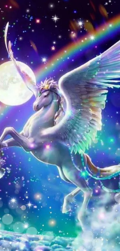 Mystical Pegasus and rainbow wallpaper with moonlit sky.