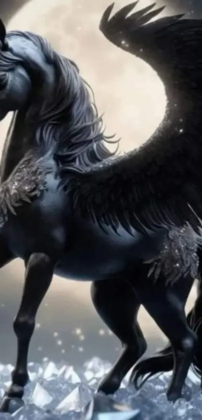 Black Pegasus with wings in a moonlit crystal scene.