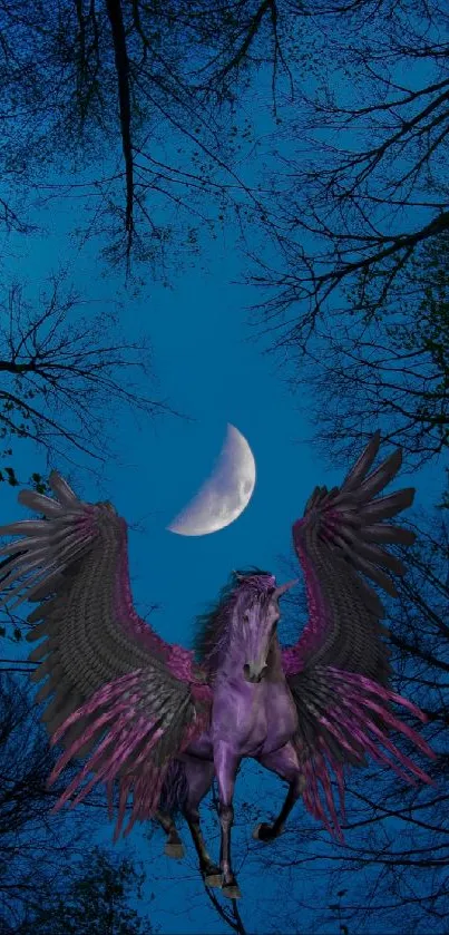 Vibrant wallpaper of Pegasus flying under moonlit sky framed by trees.