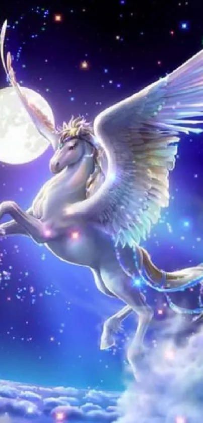 Pegasus flying in a mystical night sky with bright moon and stars.