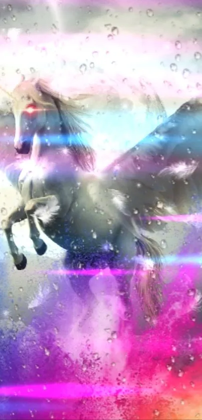 Magical pegasus with rainbow colors and moonlit night backdrop.