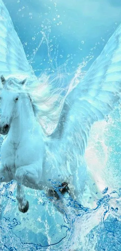 Mystical Pegasus with blue wings soaring in water-themed wallpaper.