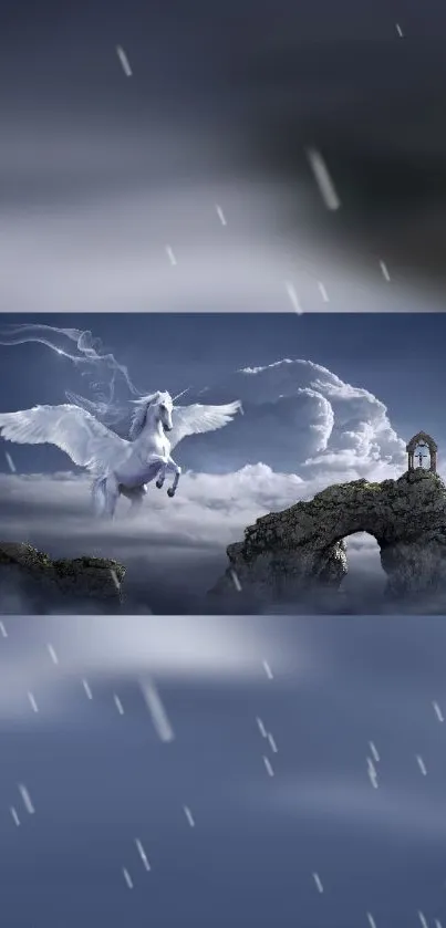 Flying pegasus amidst clouds in a mystical night sky.