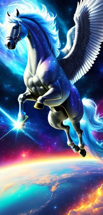 A Pegasus flying through a vibrant galaxy above Earth, with colorful cosmic swirls.