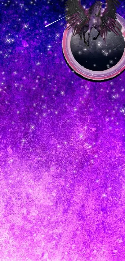 Mystical Pegasus flies in a purple starry sky wallpaper.