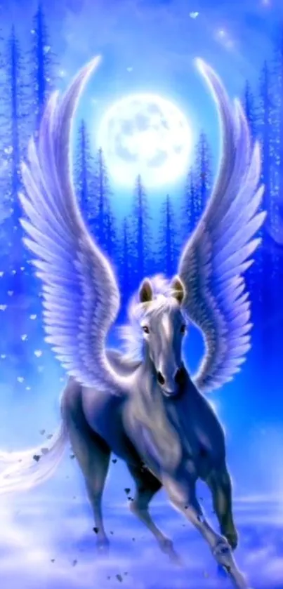 A mystical pegasus with wings set against a moonlit blue forest background.