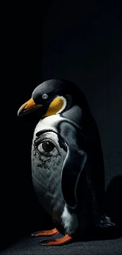 Unique mystical penguin with eye detail on dark background.