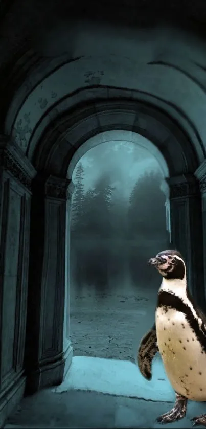 Penguin stands in mystical stone archway with foggy forest background.