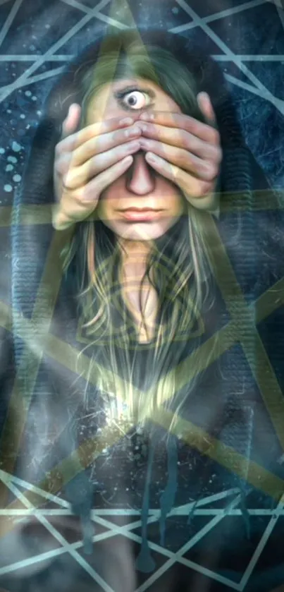 Mystical pentagram art with hooded figure and third eye on a mobile wallpaper.