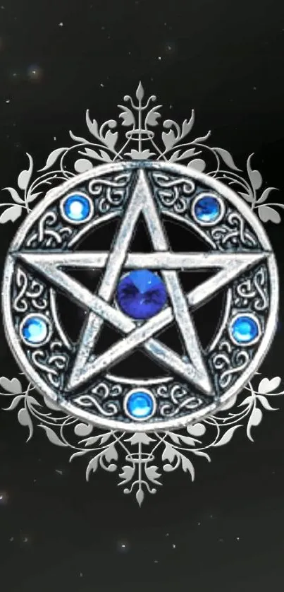 Mystical silver pentagram with blue gems on a black ornate background.