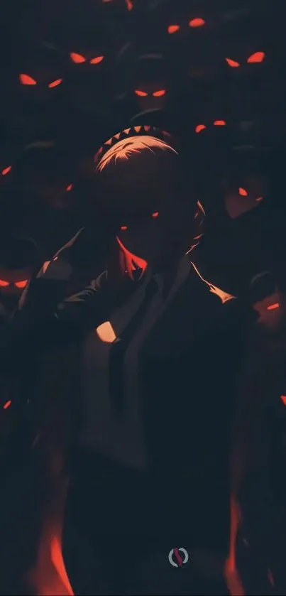 Anime character surrounded by glowing red eyes in dark shadows.