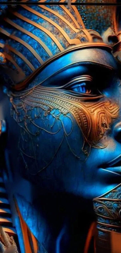 Digital art of a pharaoh's face in blue and gold hues, perfect for mobile wallpaper.