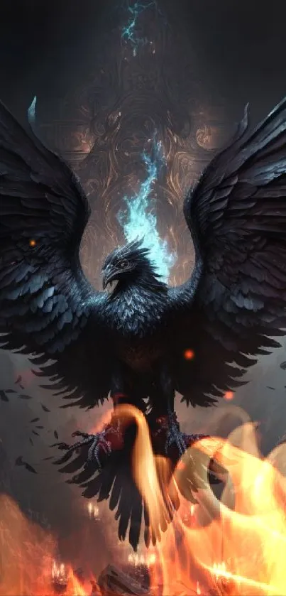 Mystical phoenix rising in a dark temple with dramatic lighting.