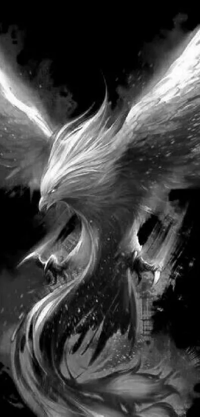 Black and white artistic phoenix design wallpaper.