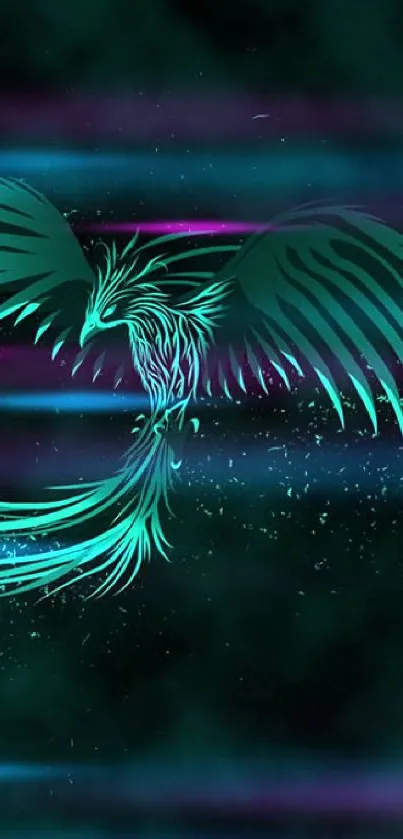 Mystical teal phoenix design on dark background for mobile wallpaper.