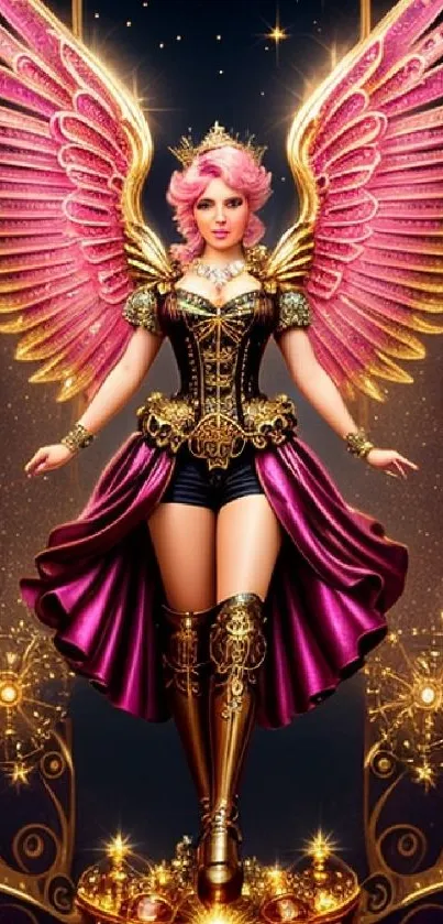 A fantasy angel with pink wings and golden armor in a cosmic setting.