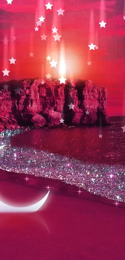 A mystical pink beach with a crescent moon and shimmering sea at sunset.