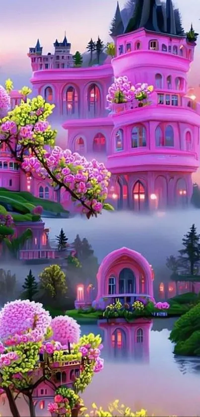 Mystical pink castle surrounded by trees and a lake.