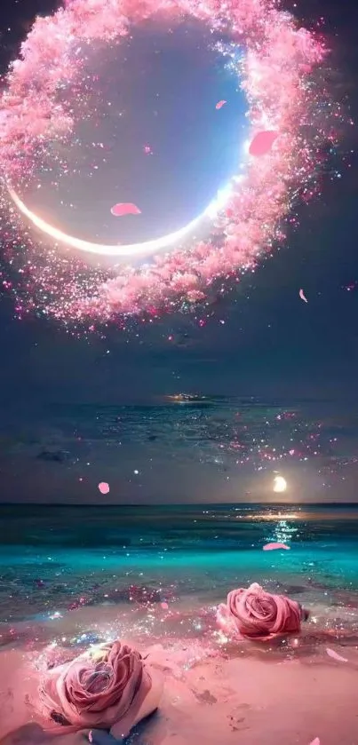 Mobile wallpaper with a pink crescent over a beach and roses.